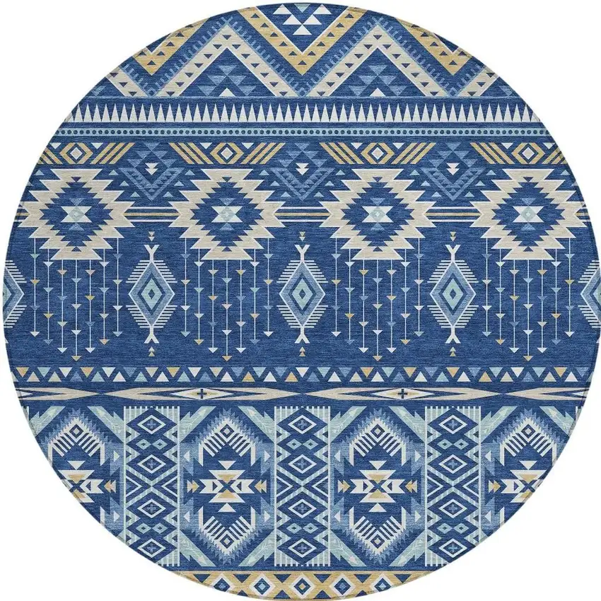8' Navy Blue Beige And Ivory Round Aztec Washable Indoor Outdoor Area Rug Photo 4