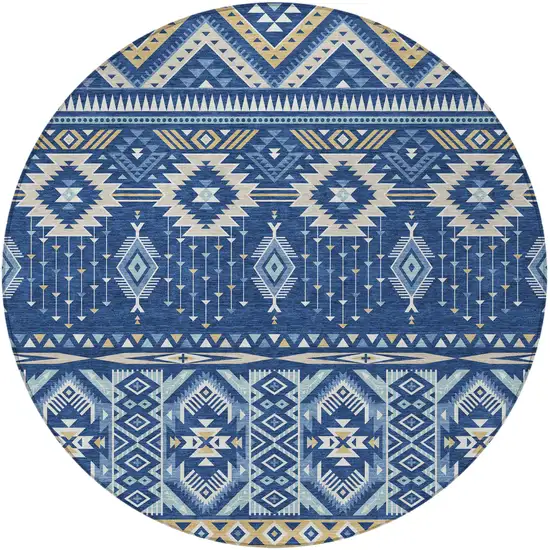 8' Navy Blue Beige And Ivory Round Aztec Washable Indoor Outdoor Area Rug Photo 3