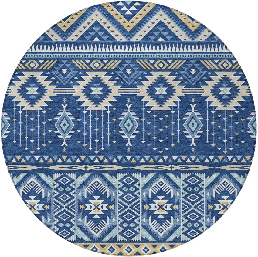 8' Navy Blue Beige And Ivory Round Aztec Washable Indoor Outdoor Area Rug Photo 3