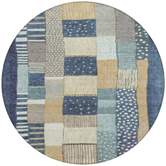 8' Navy Blue Beige And Ivory Round Geometric Washable Indoor Outdoor Area Rug Photo 3