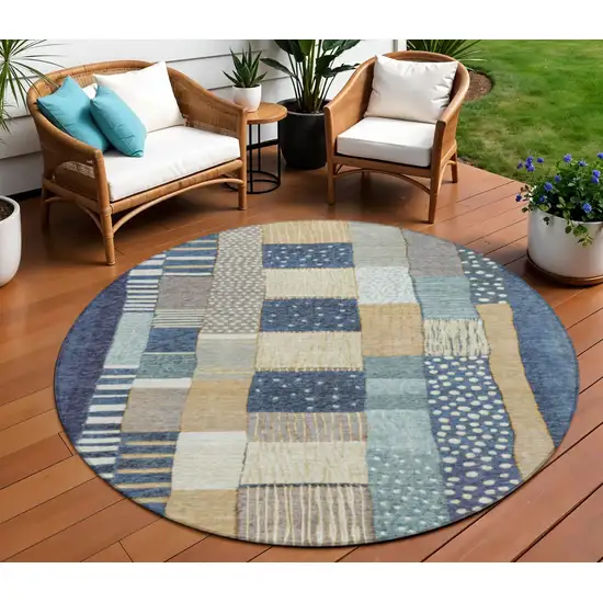8' Navy Blue Beige And Ivory Round Geometric Washable Indoor Outdoor Area Rug Photo 2