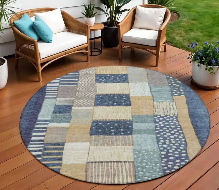 8' Navy Blue Beige And Ivory Round Geometric Washable Indoor Outdoor Area Rug Photo 2