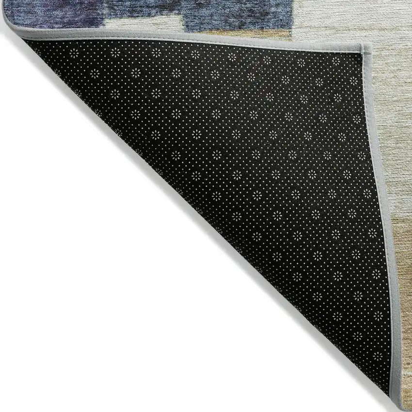 8' Navy Blue Beige And Ivory Round Geometric Washable Indoor Outdoor Area Rug Photo 5