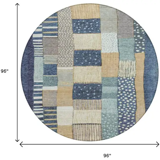 8' Navy Blue Beige And Ivory Round Geometric Washable Indoor Outdoor Area Rug Photo 9