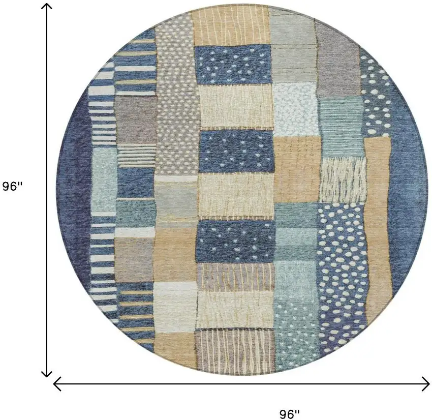 8' Navy Blue Beige And Ivory Round Geometric Washable Indoor Outdoor Area Rug Photo 9