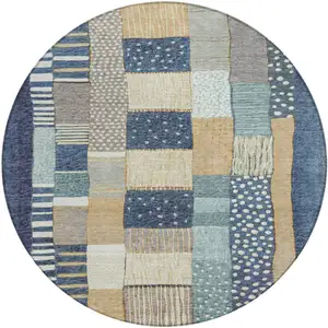 Photo of 8' Navy Blue Beige And Ivory Round Geometric Washable Indoor Outdoor Area Rug