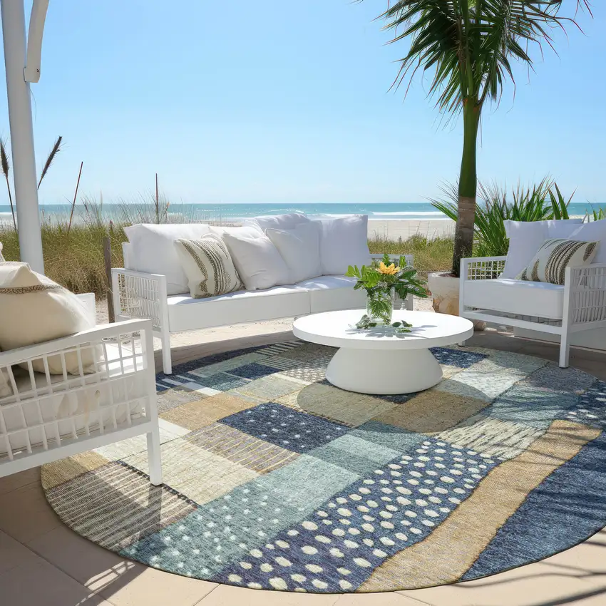 8' Navy Blue Beige And Ivory Round Geometric Washable Indoor Outdoor Area Rug Photo 6