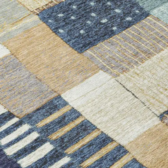 8' Navy Blue Beige And Ivory Round Geometric Washable Indoor Outdoor Area Rug Photo 8