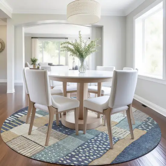 8' Navy Blue Beige And Ivory Round Geometric Washable Indoor Outdoor Area Rug Photo 7