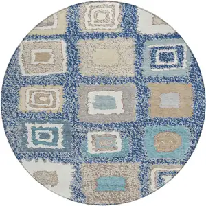 Photo of 8' Navy Blue Beige And Ivory Round Geometric Washable Indoor Outdoor Area Rug