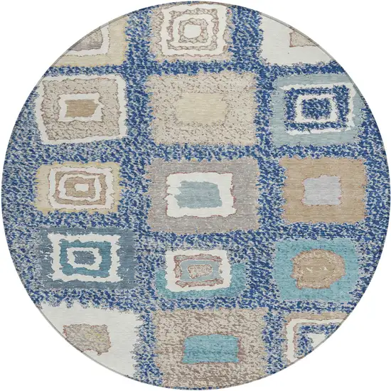 8' Navy Blue Beige And Ivory Round Geometric Washable Indoor Outdoor Area Rug Photo 1