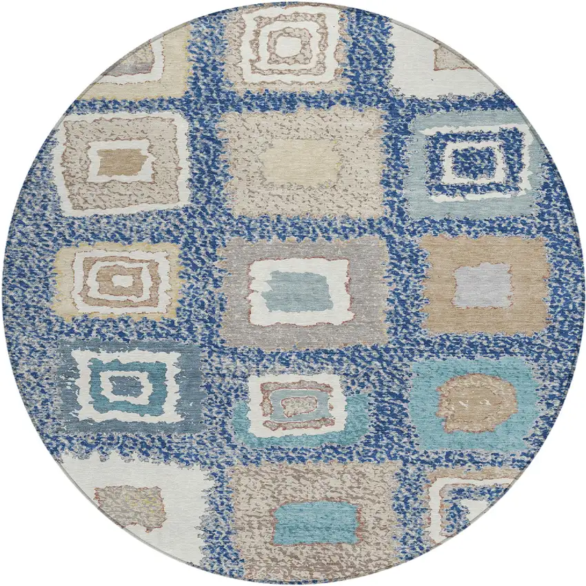 8' Navy Blue Beige And Ivory Round Geometric Washable Indoor Outdoor Area Rug Photo 1