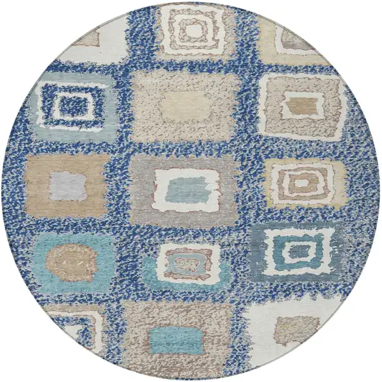 8' Navy Blue Beige And Ivory Round Geometric Washable Indoor Outdoor Area Rug Photo 3