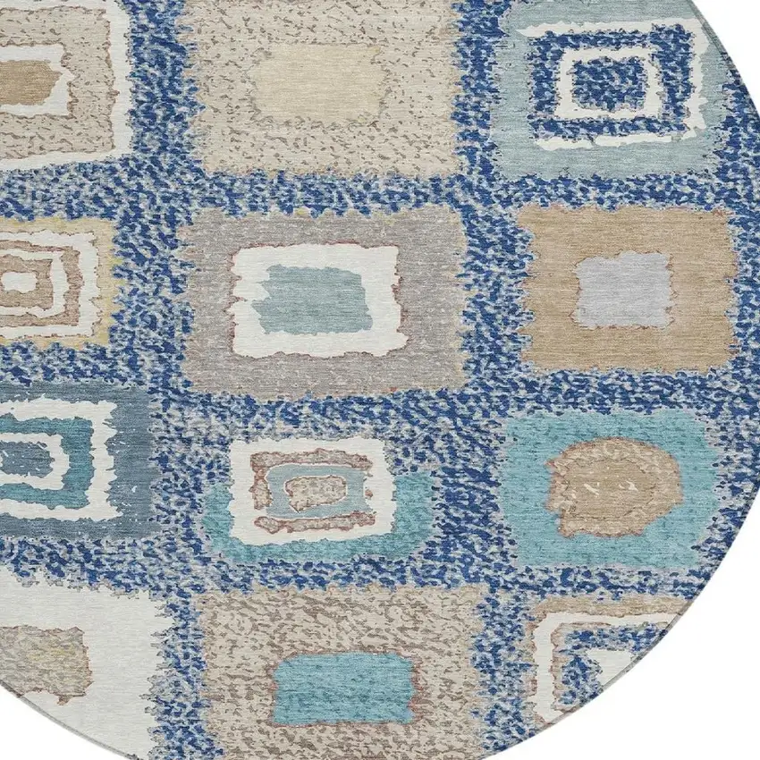 8' Navy Blue Beige And Ivory Round Geometric Washable Indoor Outdoor Area Rug Photo 4