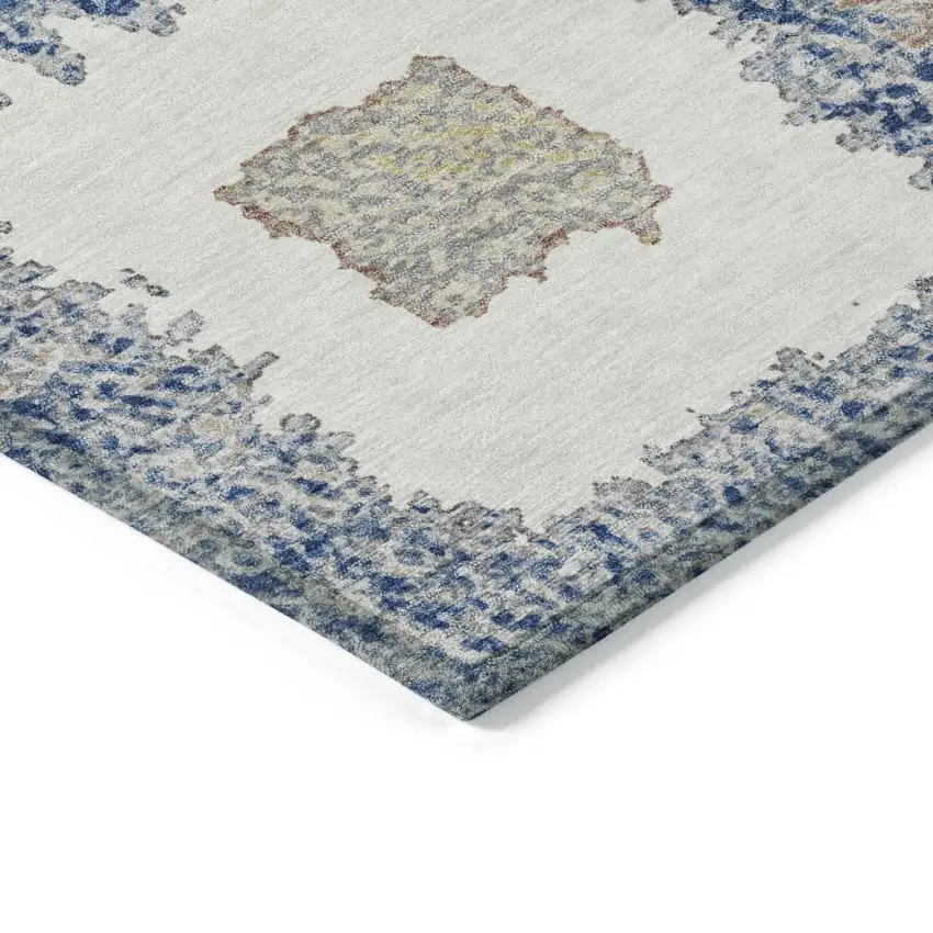 8' Navy Blue Beige And Ivory Round Geometric Washable Indoor Outdoor Area Rug Photo 7