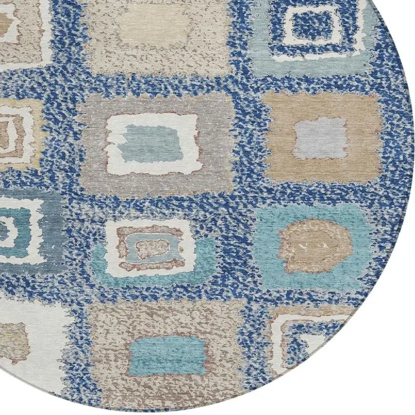 8' Navy Blue Beige And Ivory Round Geometric Washable Indoor Outdoor Area Rug Photo 8