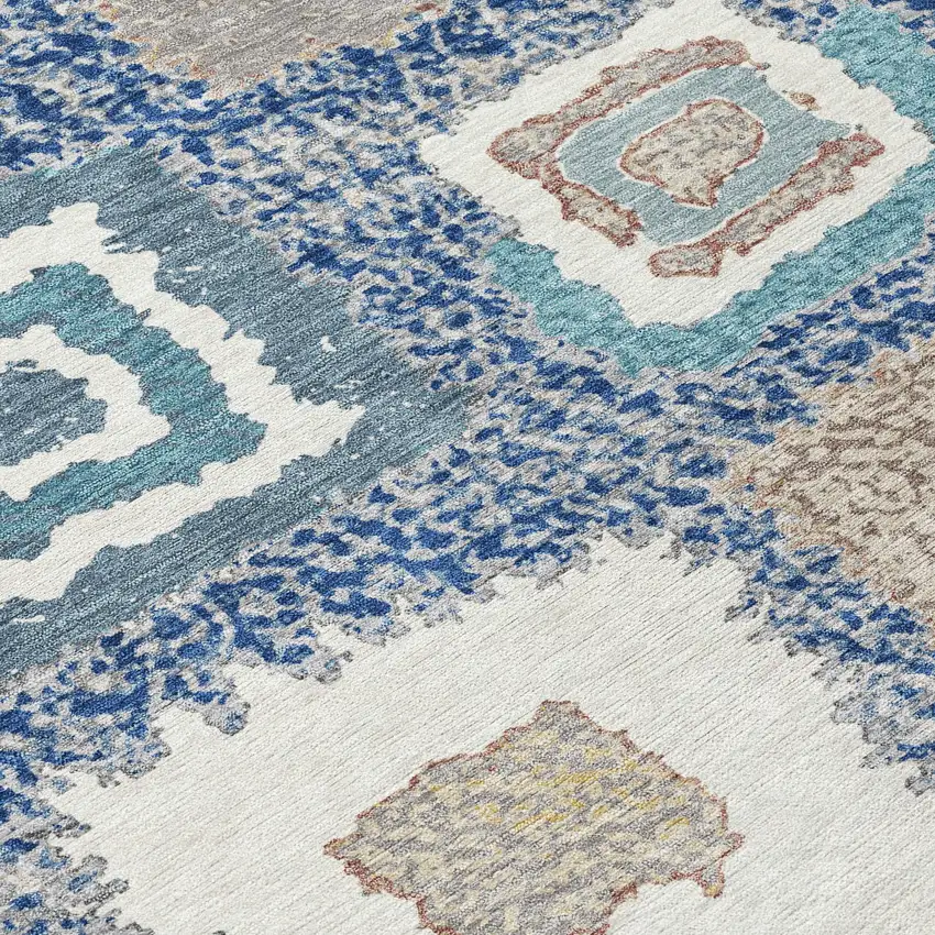 8' Navy Blue Beige And Ivory Round Geometric Washable Indoor Outdoor Area Rug Photo 9