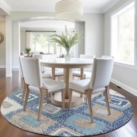 8' Navy Blue Beige And Ivory Round Geometric Washable Indoor Outdoor Area Rug Photo 6