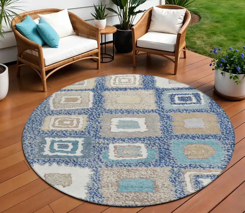8' Navy Blue Beige And Ivory Round Geometric Washable Indoor Outdoor Area Rug Photo 2