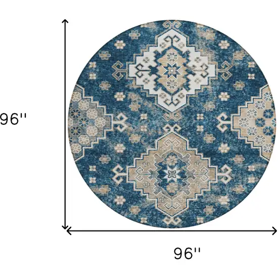 8' Navy Blue Beige And Ivory Round Medallion Washable Indoor Outdoor Area Rug Photo 3