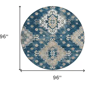 Photo of 8' Navy Blue Beige And Ivory Round Medallion Washable Indoor Outdoor Area Rug