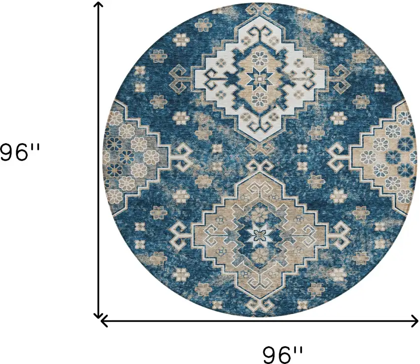 8' Navy Blue Beige And Ivory Round Medallion Washable Indoor Outdoor Area Rug Photo 3
