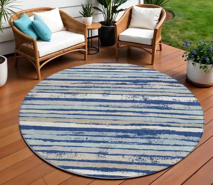 8' Navy Blue Beige And Ivory Round Striped Washable Indoor Outdoor Area Rug Photo 1