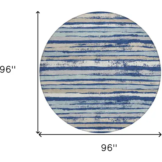 8' Navy Blue Beige And Ivory Round Striped Washable Indoor Outdoor Area Rug Photo 3