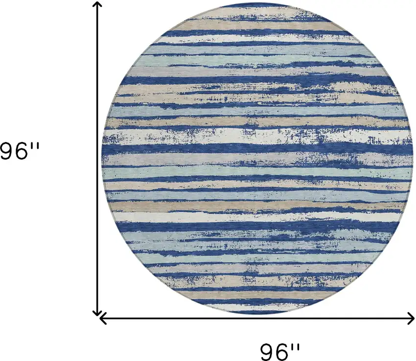 8' Navy Blue Beige And Ivory Round Striped Washable Indoor Outdoor Area Rug Photo 3