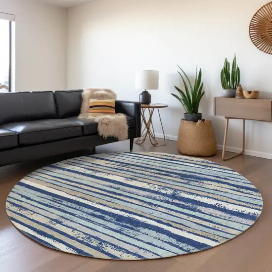 8' Navy Blue Beige And Ivory Round Striped Washable Indoor Outdoor Area Rug Photo 7