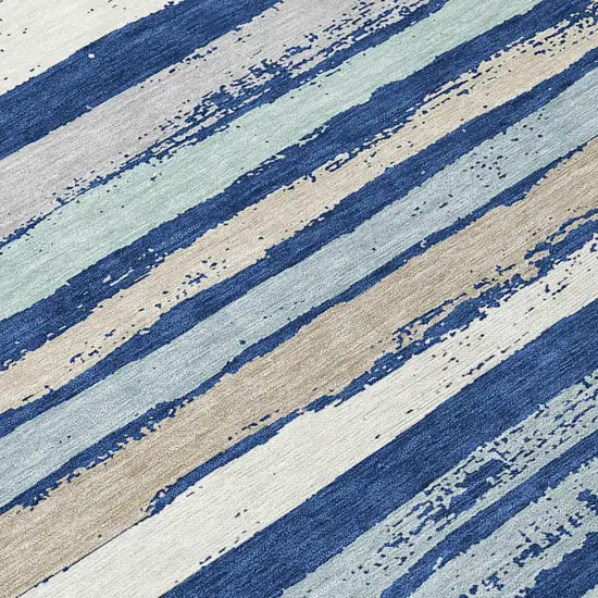 8' Navy Blue Beige And Ivory Round Striped Washable Indoor Outdoor Area Rug Photo 8