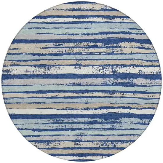 8' Navy Blue Beige And Ivory Round Striped Washable Indoor Outdoor Area Rug Photo 5