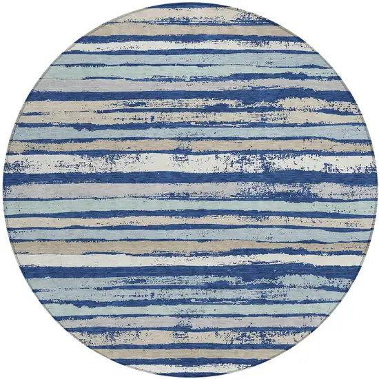 8' Navy Blue Beige And Ivory Round Striped Washable Indoor Outdoor Area Rug Photo 2