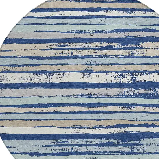 8' Navy Blue Beige And Ivory Round Striped Washable Indoor Outdoor Area Rug Photo 4