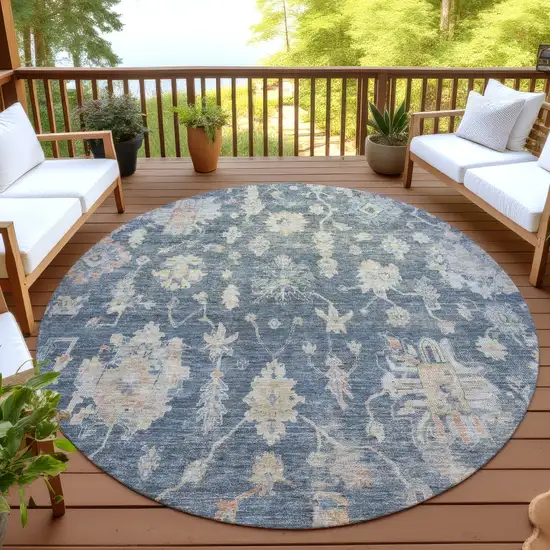 8' Navy Blue Beige And Rust Round Floral Washable Indoor Outdoor Area Rug Photo 4
