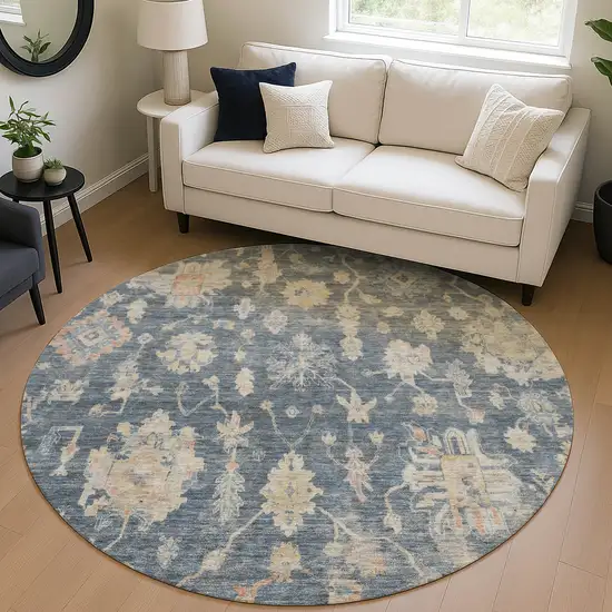 8' Navy Blue Beige And Rust Round Floral Washable Indoor Outdoor Area Rug Photo 5