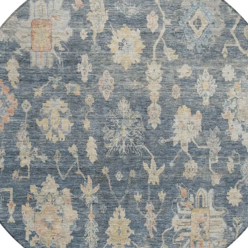 8' Navy Blue Beige And Rust Round Floral Washable Indoor Outdoor Area Rug Photo 2