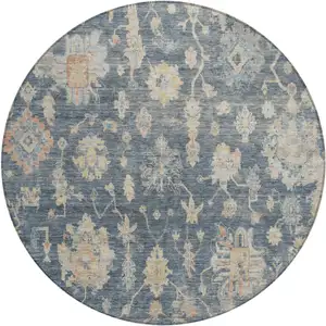 Photo of 8' Navy Blue Beige And Rust Round Floral Washable Indoor Outdoor Area Rug