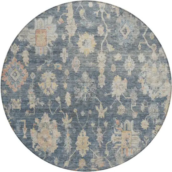 8' Navy Blue Beige And Rust Round Floral Washable Indoor Outdoor Area Rug Photo 1