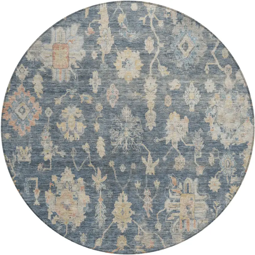 8' Navy Blue Beige And Rust Round Floral Washable Indoor Outdoor Area Rug Photo 1