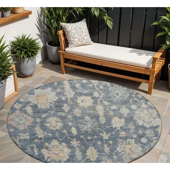 8' Navy Blue Beige And Rust Round Floral Washable Indoor Outdoor Area Rug Photo 1