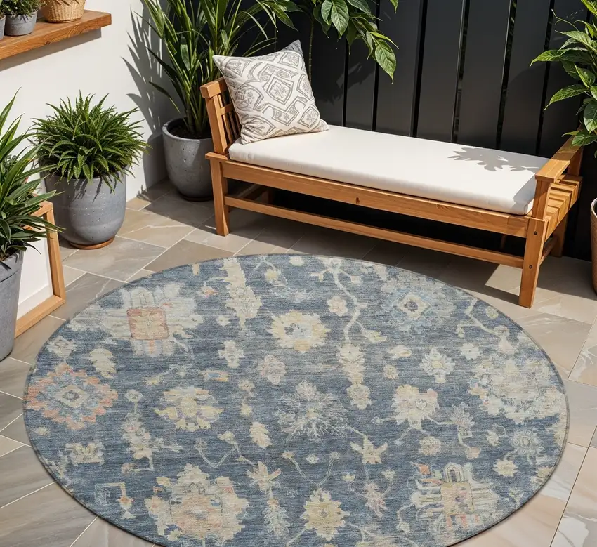 8' Navy Blue Beige And Rust Round Floral Washable Indoor Outdoor Area Rug Photo 1