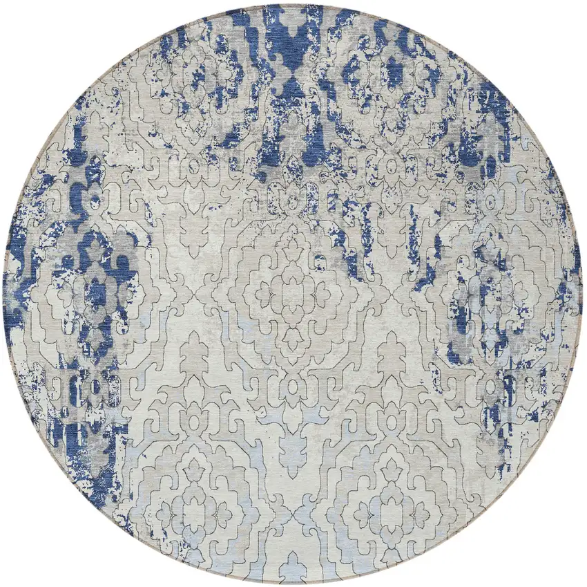 8' Navy Blue Beige And Sky Blue Round Medallion Washable Indoor Outdoor Area Rug Photo 5