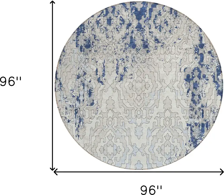 8' Navy Blue Beige And Sky Blue Round Medallion Washable Indoor Outdoor Area Rug Photo 3