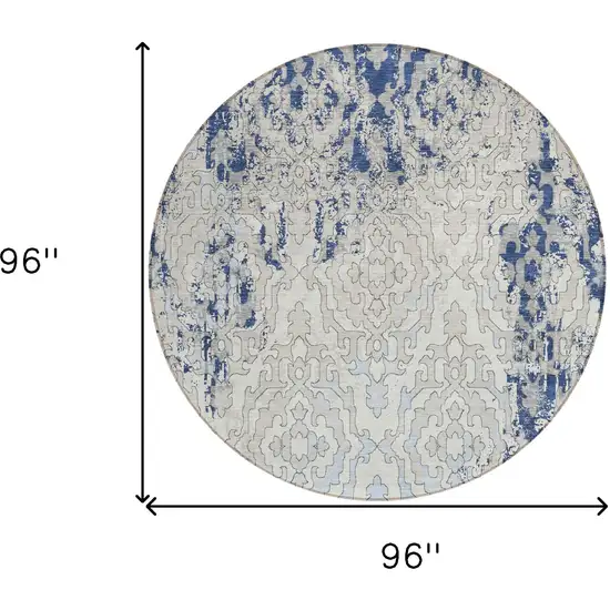 8' Navy Blue Beige And Sky Blue Round Medallion Washable Indoor Outdoor Area Rug Photo 3