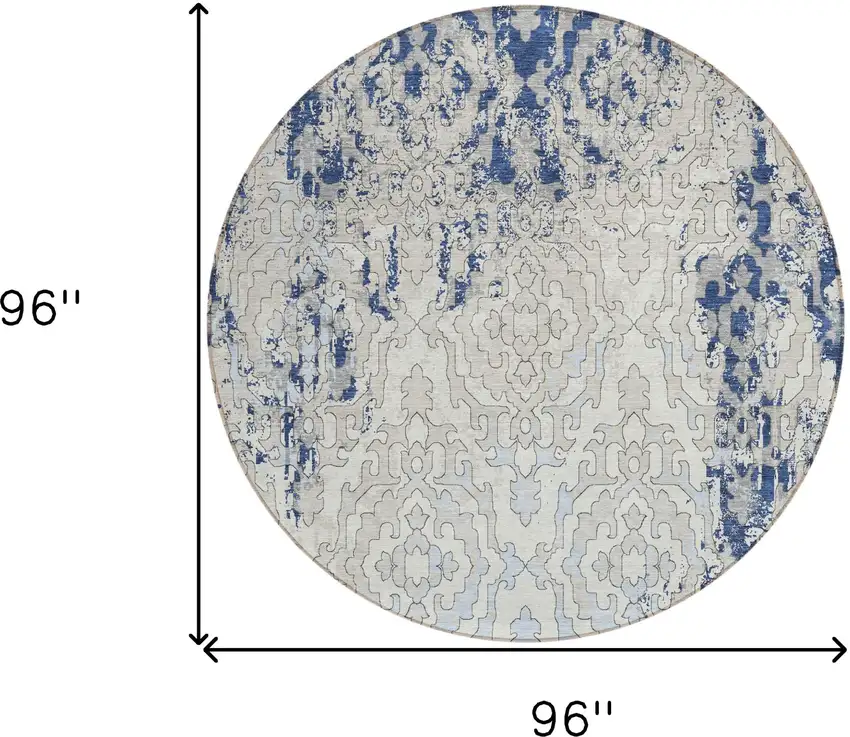 8' Navy Blue Beige And Sky Blue Round Medallion Washable Indoor Outdoor Area Rug Photo 3