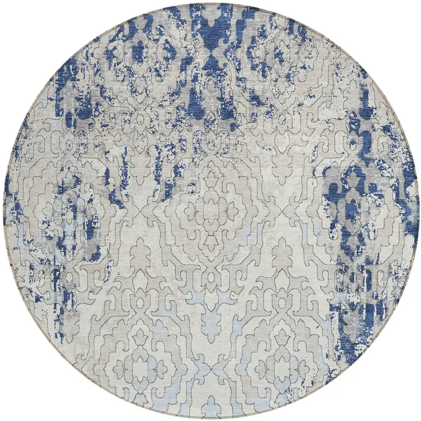 8' Navy Blue Beige And Sky Blue Round Medallion Washable Indoor Outdoor Area Rug Photo 2