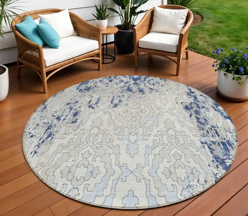 8' Navy Blue Beige And Sky Blue Round Medallion Washable Indoor Outdoor Area Rug Photo 1