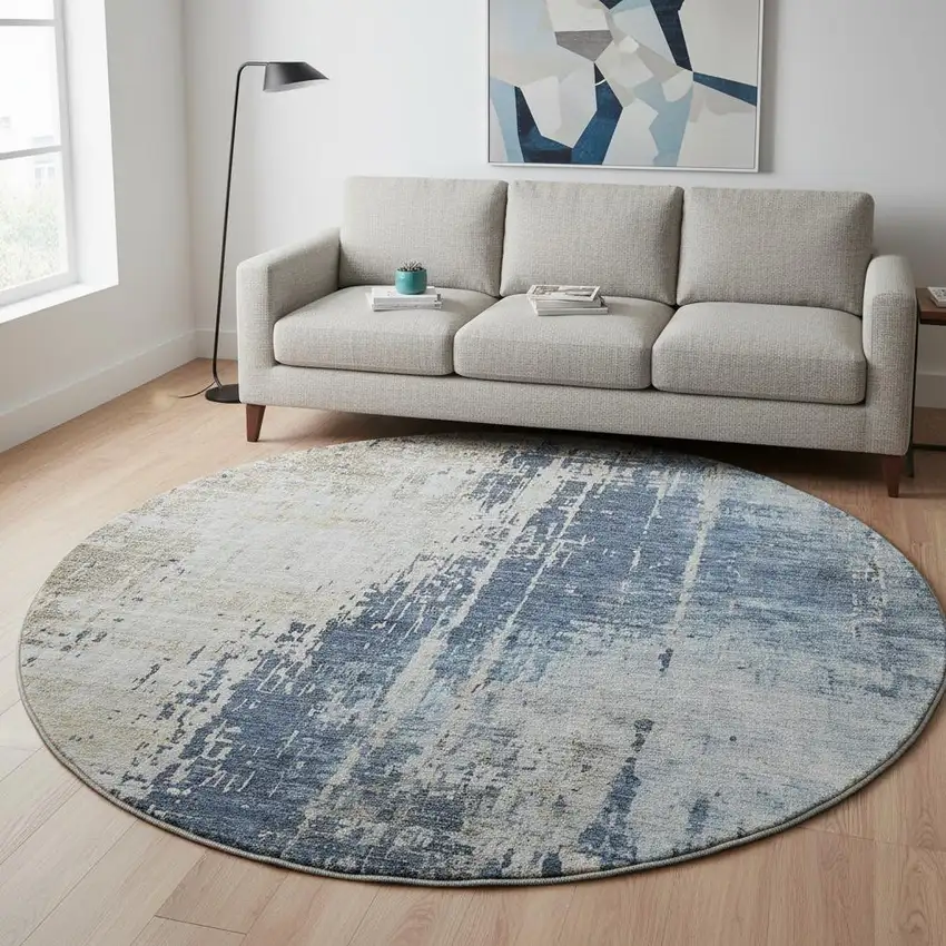 8' Navy Blue Beige And Taupe Abstract Washable Round Rug With UV Protection Photo 2