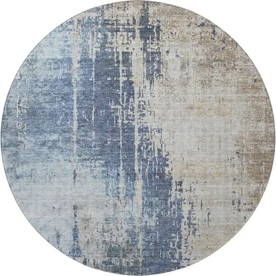 8' Navy Blue Beige And Taupe Abstract Washable Round Rug With UV Protection Photo 3